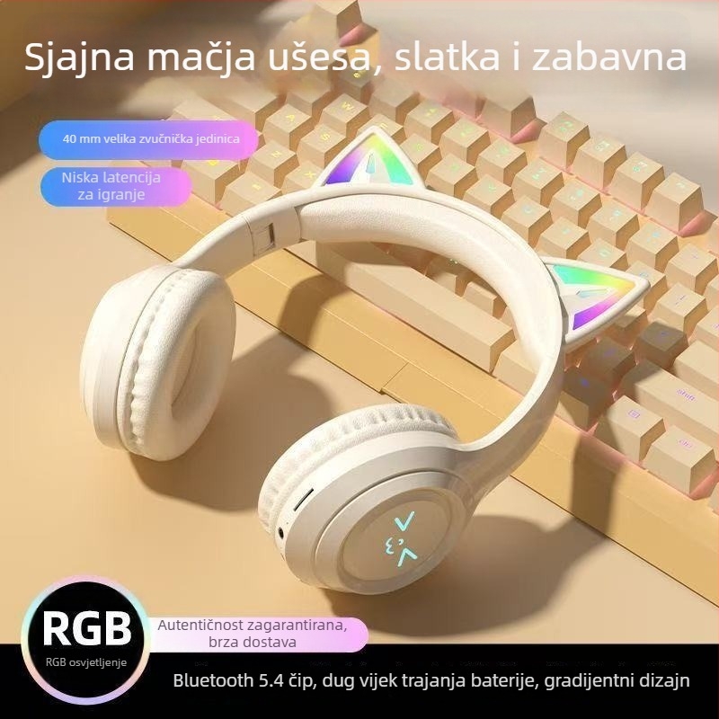 Bluetooth slušalice s mačjim ušima, svjetleća traka za glavu, dugo trajanje baterije, stereo zvuk, pogodna za sport i igranje