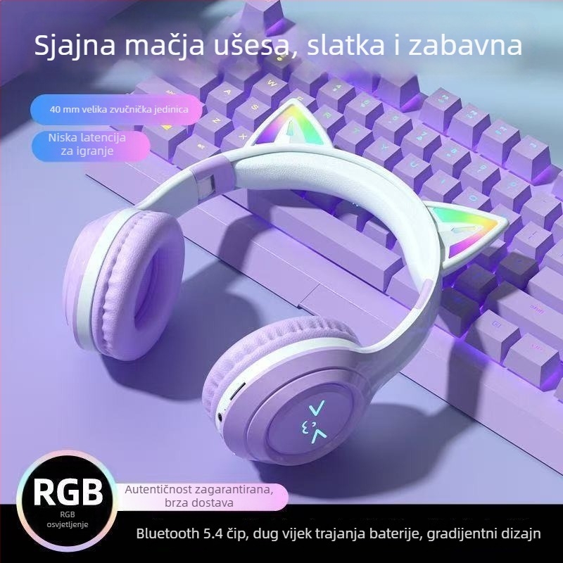 Bluetooth slušalice s mačjim ušima, svjetleća traka za glavu, dugo trajanje baterije, stereo zvuk, pogodna za sport i igranje