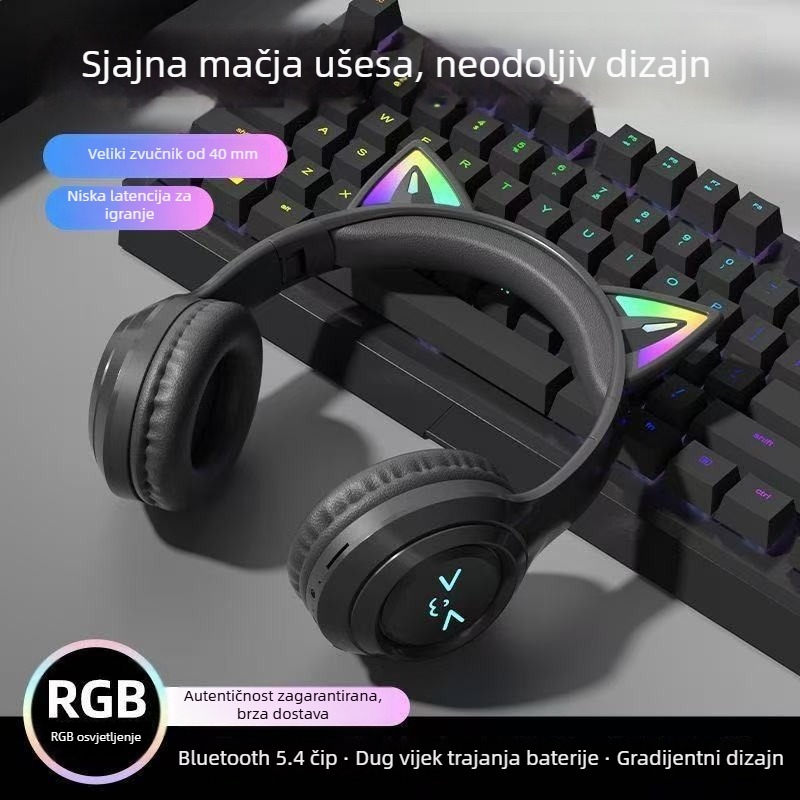 Bluetooth slušalice s mačjim ušima, svjetleća traka za glavu, dugo trajanje baterije, stereo zvuk, pogodna za sport i igranje