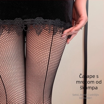Crne mrežaste čarape s stražnjim vertikalnim šavom, ženstven stil, inspirirano uniformom, plus veličina