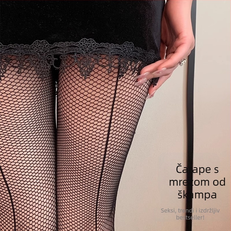 Crne mrežaste čarape s stražnjim vertikalnim šavom, ženstven stil, inspirirano uniformom, plus veličina