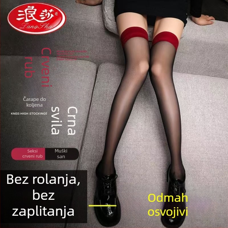 Langsha crne čarape iznad koljena s crvenim rubom, žene, ultra tanke, sexy ljeto