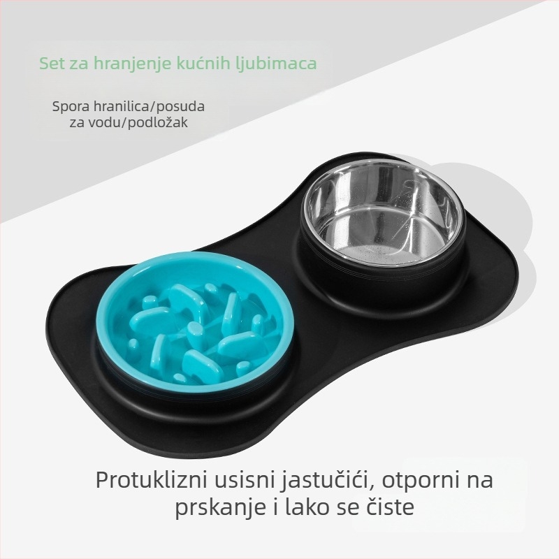 Posuda za hranjenje kućnih ljubimaca za mačke i pse s silikonskom protukliznom podlogom i posudom od nehrđajućeg čelika, lako se čisti, dvostruka namjena za sporo jedenje i piće