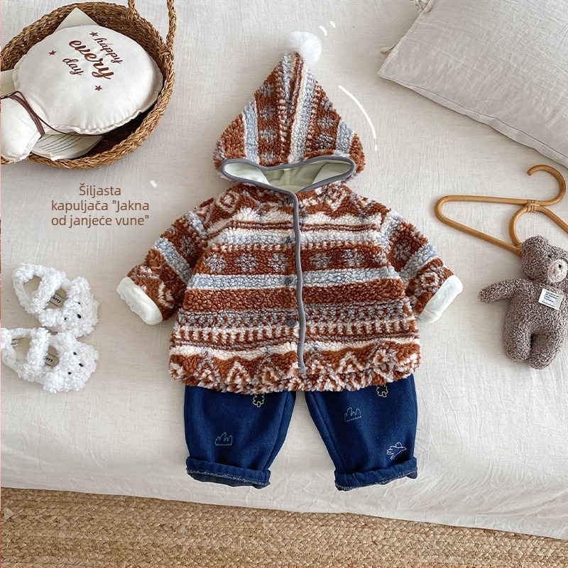 Dječja retro jakna s kapuljom i fleece podstavom, zima, unisex