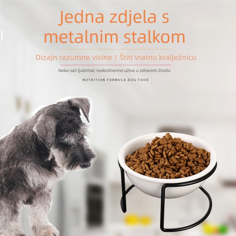 Jednostavna keramička posuda za kućne ljubimce s metalnim stalakom, namijenjena mačkama i psima