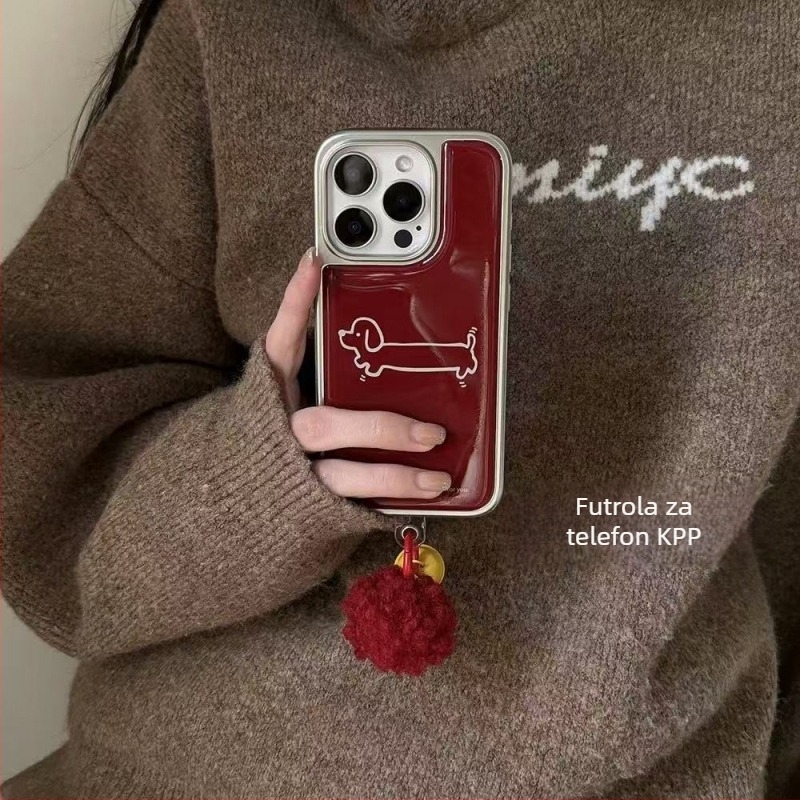 Silicijsko kućište za iPhone u vintage tamnocrvenoj boji s prikazom slatkog psa, Instagram stil Japana/Koreje, mat završetak, otpornost na padove, kompatibilan s iPhone 13/14/15/16 Pro/Pro Max.
