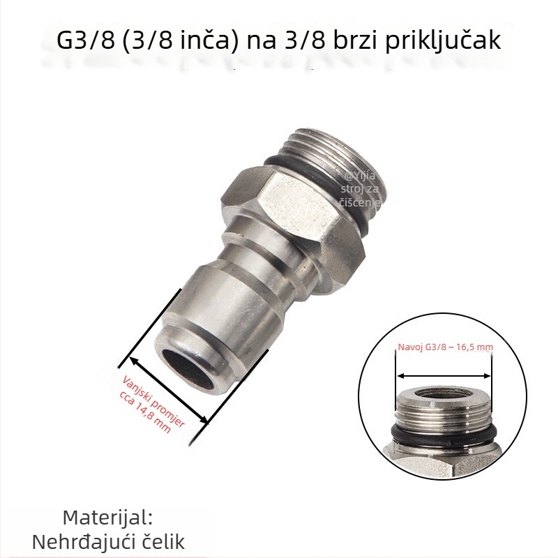Nehrđajući čelični navojni konektor za visokotlačnu vodenu pištolj, pretvarač G3/8 na M14/M18/M22 unutarnje i vanjske navoje