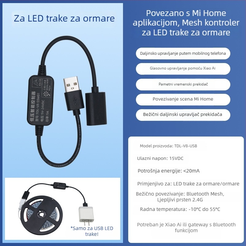 LED rasvjeta za garderobu, 5V/12V, spojena s Mijia Bluetooth bežičnim prekidačem, bez žica, s daljinskim upravljačem