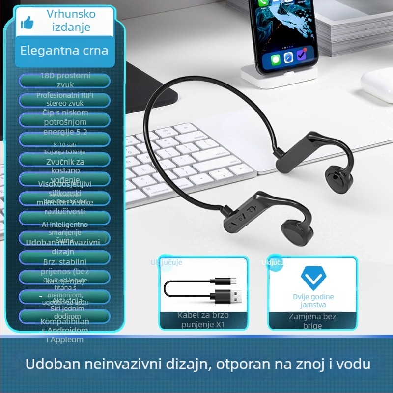 Bežične slušalice s kostnom vodljivostá, s kukicom za uho, Bluetooth, kompatibilne s Huawei, Vivo, Oppo i Apple
