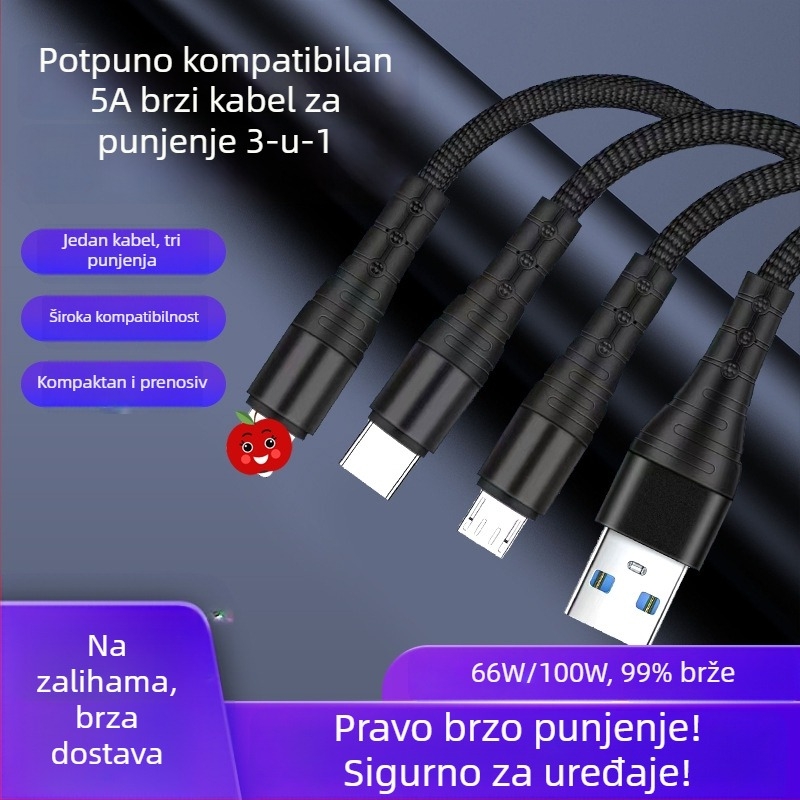 3-u-1 tkan kabel za podatke s brzim punjenjem za mobitele, dužina 1,2 m, pet boja, Lightning, Micro USB i USB-C