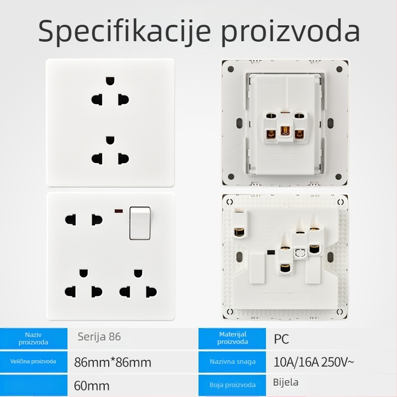 Skrovna zidna utičnica tipa 86, 16A, šest otvora, 250V, tajski standard, Taiwan univerzalna kompatibilnost, zidna montaža, utičnica s osam rupa i jednim prekidačem