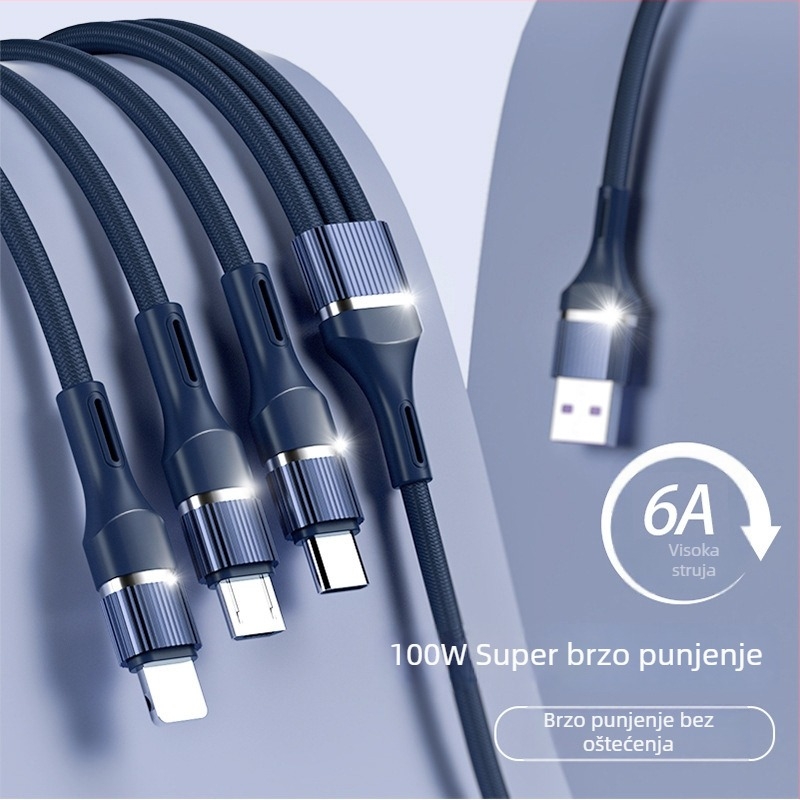 Pleteni kabel za podatke 1 na 3, brzo punjenje, Lightning, Micro USB i Type-C, duljina 1-2 m, do 100 W