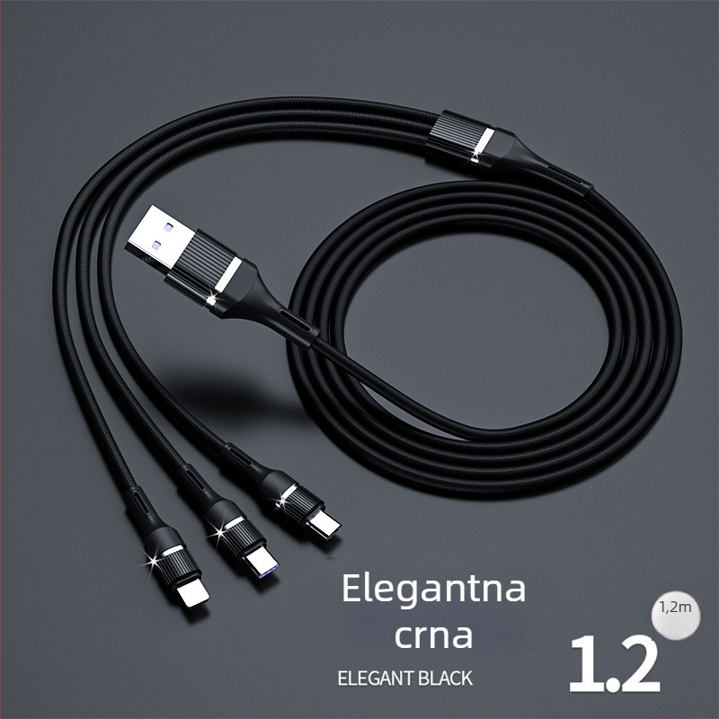 Pleteni kabel za podatke 1 na 3, brzo punjenje, Lightning, Micro USB i Type-C, duljina 1-2 m, do 100 W