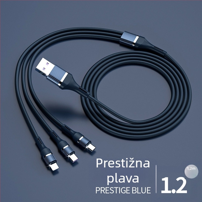 Pleteni kabel za podatke 1 na 3, brzo punjenje, Lightning, Micro USB i Type-C, duljina 1-2 m, do 100 W