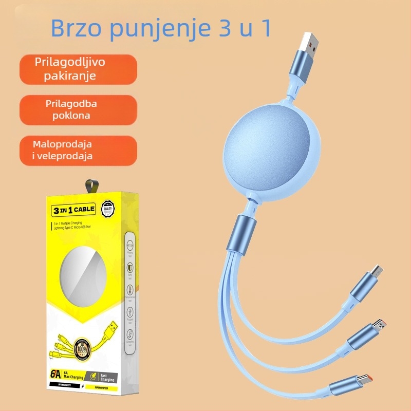 Izvlačni kabel za brzo punjenje, 1 na 3, s konektorima Lightning, Micro USB i USB-C, za Huawei, Android i Apple uređaje
