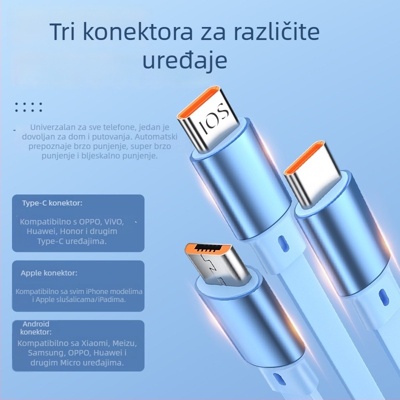 Izvlačni kabel za brzo punjenje, 1 na 3, s konektorima Lightning, Micro USB i USB-C, za Huawei, Android i Apple uređaje