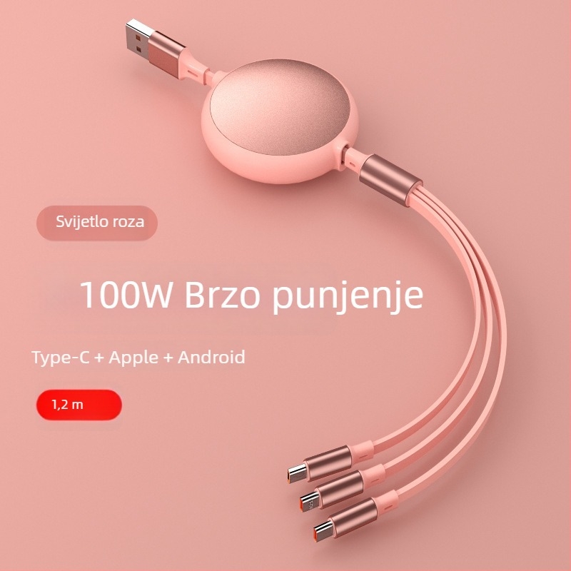 Izvlačni kabel za brzo punjenje, 1 na 3, s konektorima Lightning, Micro USB i USB-C, za Huawei, Android i Apple uređaje