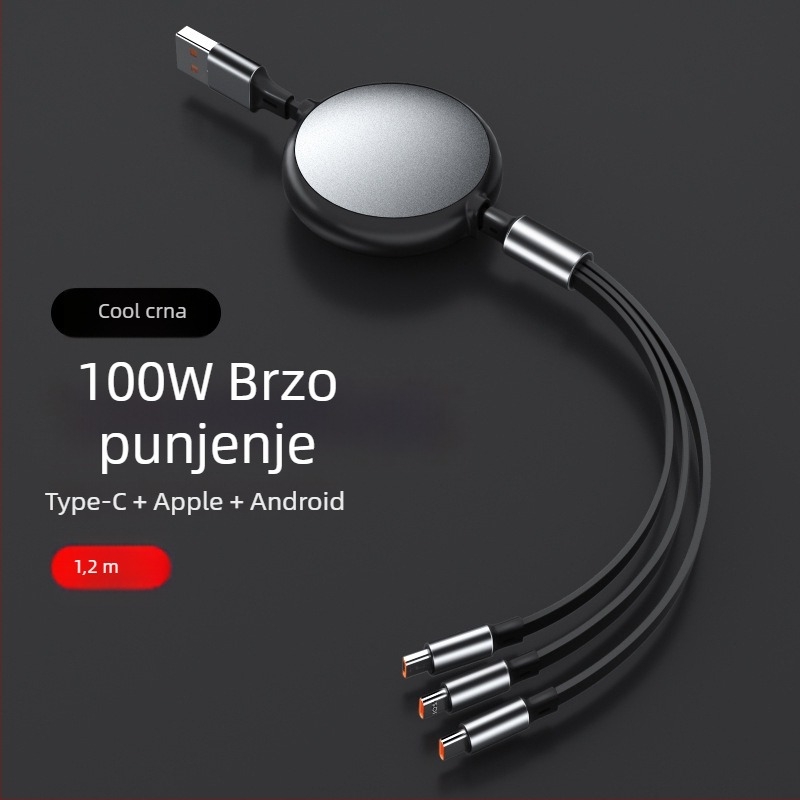 Izvlačni kabel za brzo punjenje, 1 na 3, s konektorima Lightning, Micro USB i USB-C, za Huawei, Android i Apple uređaje