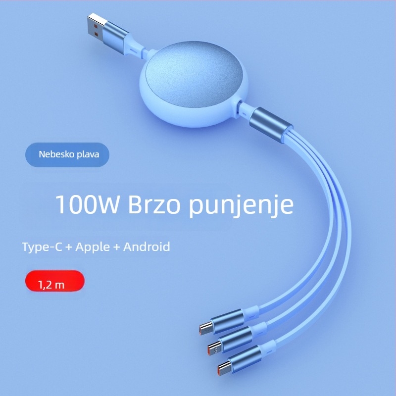 Izvlačni kabel za brzo punjenje, 1 na 3, s konektorima Lightning, Micro USB i USB-C, za Huawei, Android i Apple uređaje