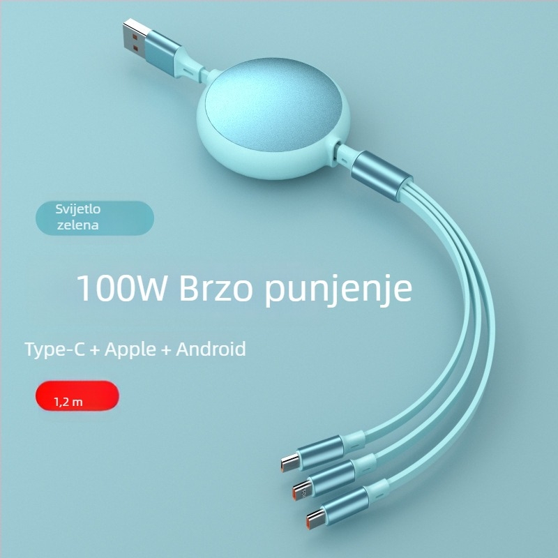 Izvlačni kabel za brzo punjenje, 1 na 3, s konektorima Lightning, Micro USB i USB-C, za Huawei, Android i Apple uređaje