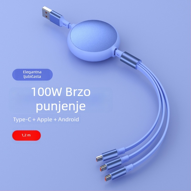 Izvlačni kabel za brzo punjenje, 1 na 3, s konektorima Lightning, Micro USB i USB-C, za Huawei, Android i Apple uređaje