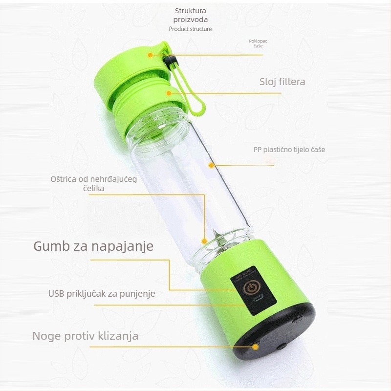 Prijenosni kućni sokovnik za voće i povrće, kompaktni električni sokovnik s ugrađenom baterijom, kapacitet 400 ml