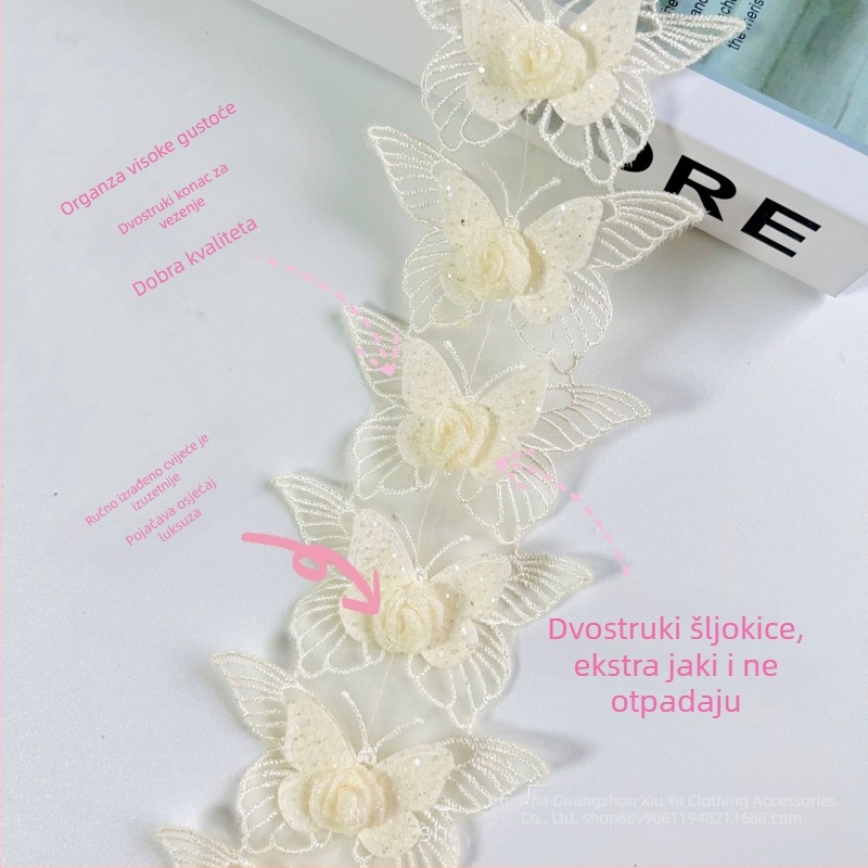 Organza čipka traka s motivom leptira i ruže, širina 7 cm, za haljine, zavjese i kućnu dekoraciju