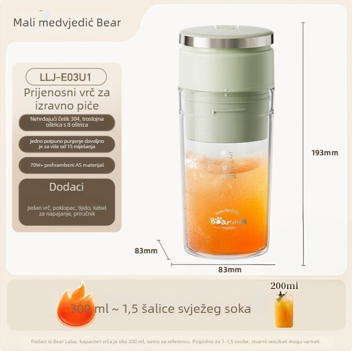 Bear prijenosni kućni sokovnik za voće i povrće, model LLJ-E03U1
