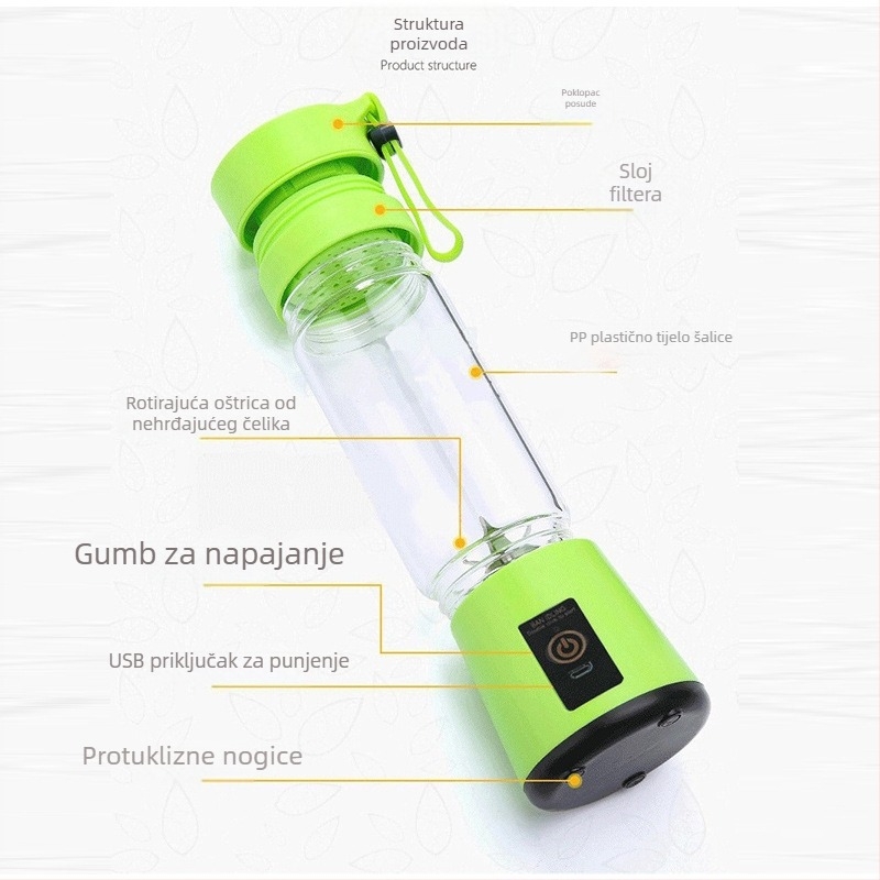 Prijenosni električni sokovnik za voće i povrće, kompaktna centrífugalna šalica, 400 ml kapaciteta, 150 W, 20 001–22 000 rpm, 5+ oštrica, prehrambeni PP, plastično kućište, punjiva baterija