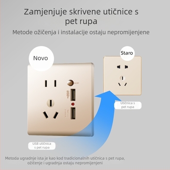 Skrivenu zidnu ploču tipa 86 s pet otvora i dva USB priključka, napajanje 220V na 5V, 2.1A, za kućnu uporabu.