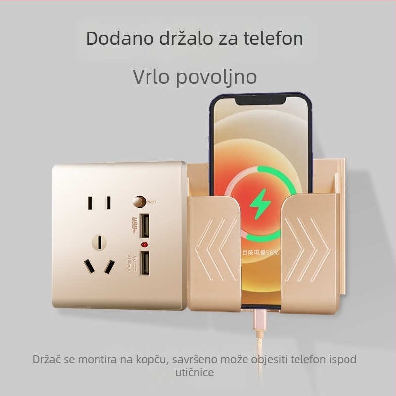 Skrivenu zidnu ploču tipa 86 s pet otvora i dva USB priključka, napajanje 220V na 5V, 2.1A, za kućnu uporabu.