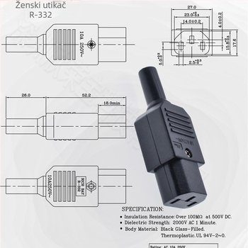 AC priključak za napajanje, IEC pin-tip, UL potvrđeno, 10A/15A, trožilni C13-C14, samostalno sastavljen