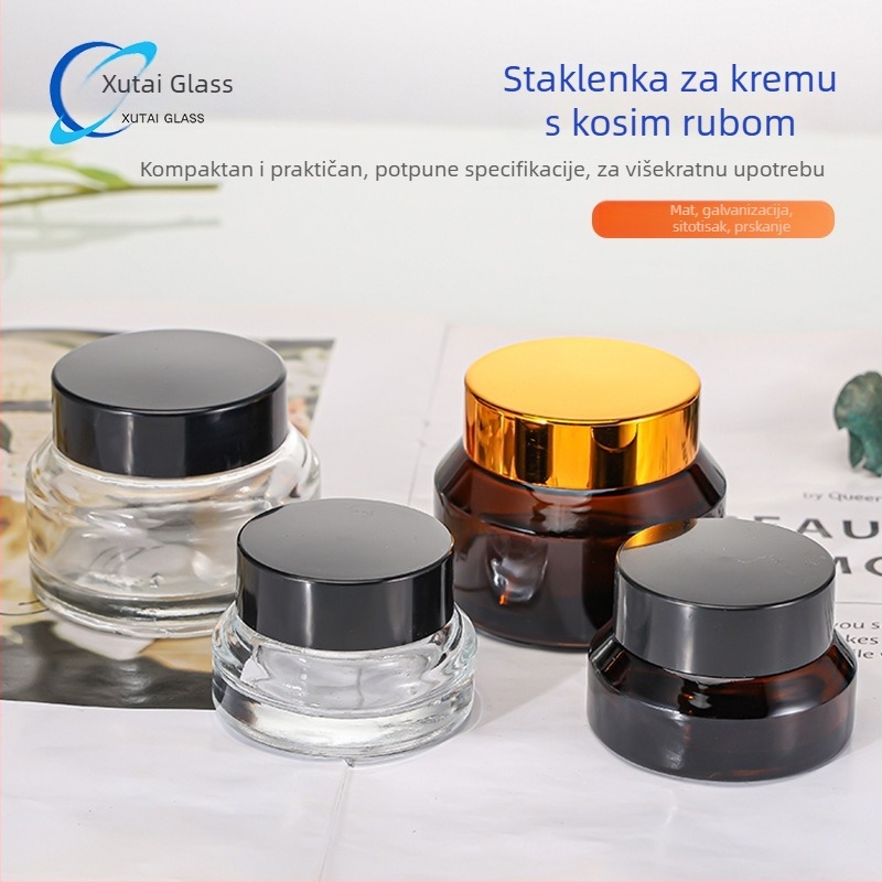 15 g prozirna staklena boca za krem s kosim ramenom; 30 g boca za kremu za oči; 50 g zatvorena kozmetička boca za kremu; prazne boce