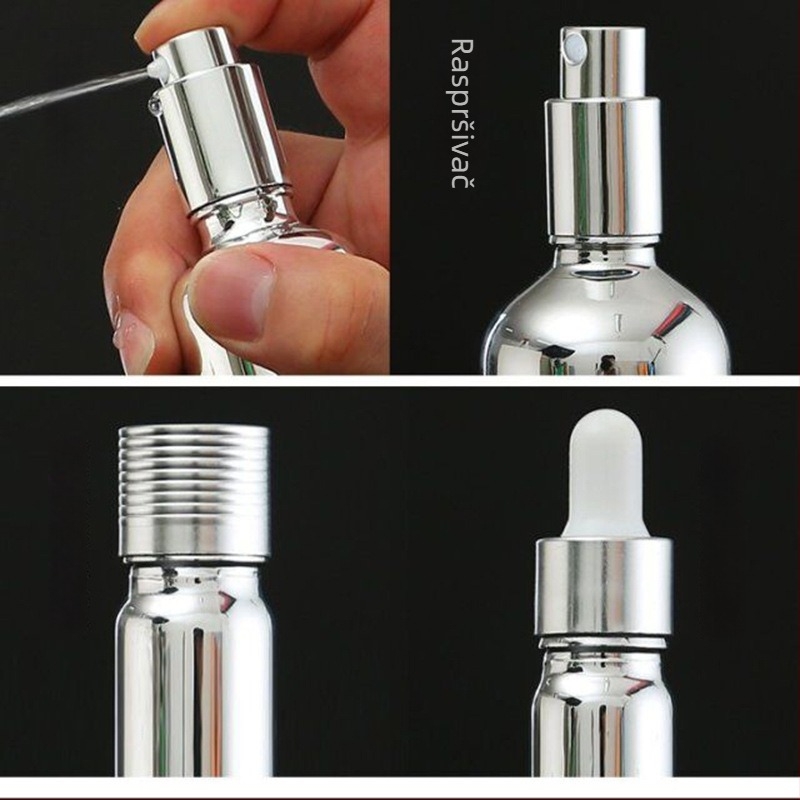 20 ml staklena bočica za esencijalno ulje s elektroplatinskim srebrnim završetkom i raspršivačem, 30 ml staklena bočica za parfem s gumenom pipetom