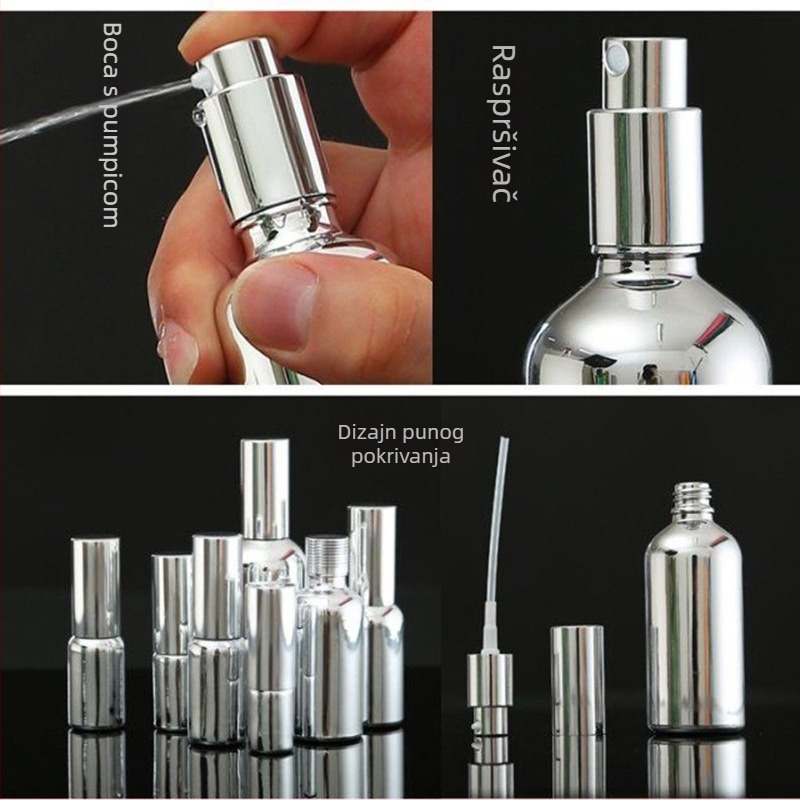 20 ml staklena bočica za esencijalno ulje s elektroplatinskim srebrnim završetkom i raspršivačem, 30 ml staklena bočica za parfem s gumenom pipetom