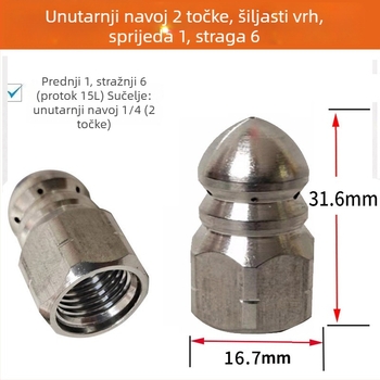Nehrđajući čelik Water Mouse mlaznica, 1/4-inčni brzo spajanje, prednja 1 i stražnje 6 mlaznica, čišćenje i deblokiranje kanalizacijskih cijevi, 5000 PSI