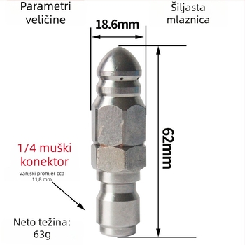 Nehrđajući čelik Water Mouse mlaznica, 1/4-inčni brzo spajanje, prednja 1 i stražnje 6 mlaznica, čišćenje i deblokiranje kanalizacijskih cijevi, 5000 PSI