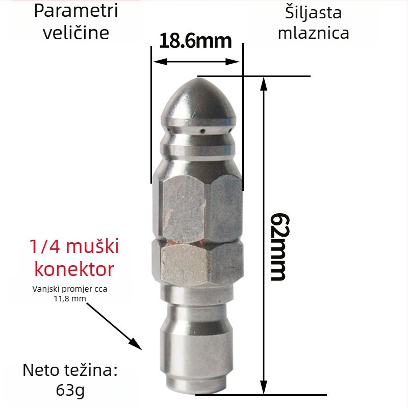 Nehrđajući čelik Water Mouse mlaznica, 1/4-inčni brzo spajanje, prednja 1 i stražnje 6 mlaznica, čišćenje i deblokiranje kanalizacijskih cijevi, 5000 PSI