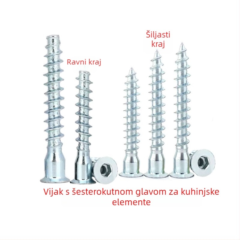 Galvanizirani željezni samorezni vijci s konusnom glavom i unutarnjim šesterokutnim navojem, ravna stražnja strana, za ormariće, M5-7