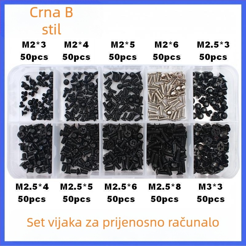 Set vijaka za prijenosno računalo s potopljenom glavom, veličine M2, M2.5 i M3 – 500 komada