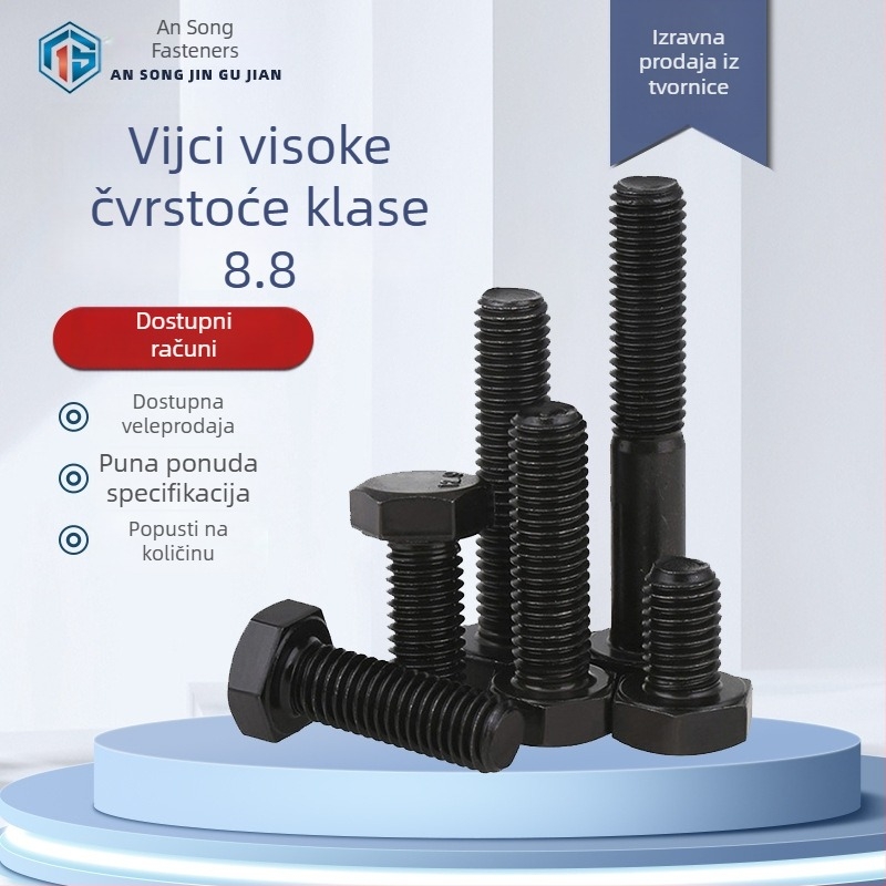 8.8 visokou otpornosti vanjske šestokutne vijčane, crne šesterokutne glave, produžne vijčice, veličine M6–M16, materijal 45# čelik, galvanizirano.