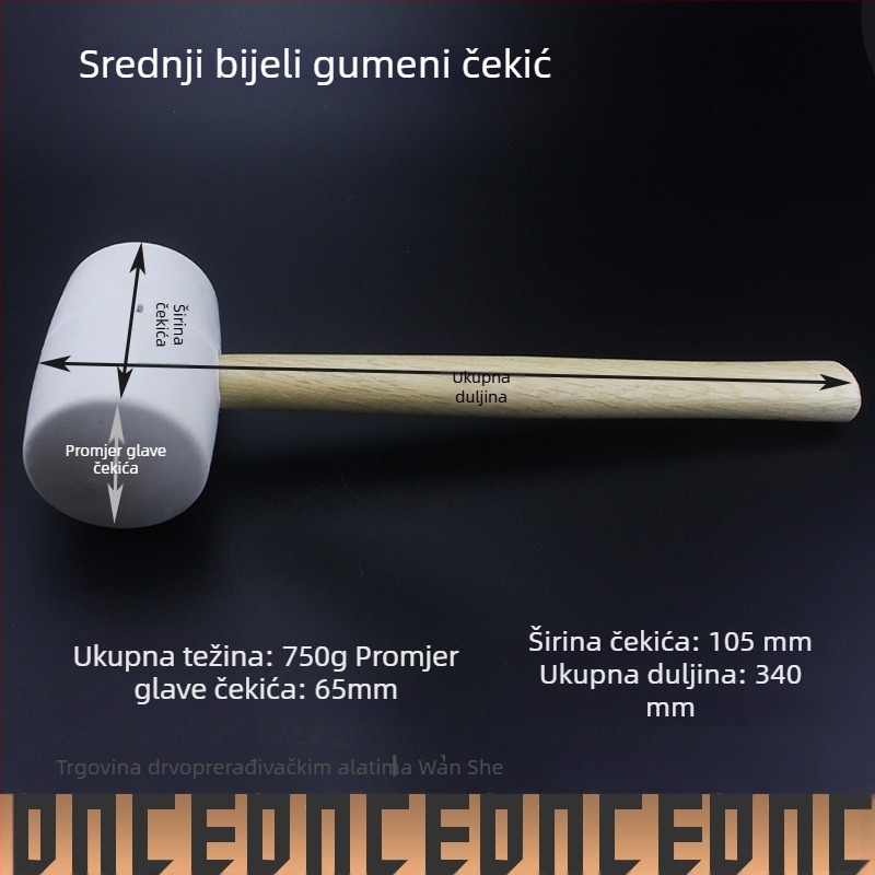 Bijeli gumeni čekić s drvenom drškom za pločice i podne ploče – bez tragova
