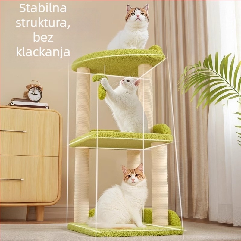 Mačja penjačka konstrukcija sa gnijezdom i drvetom, integrirana polica, kompaktno rješenje za male stanove, platforma za skok i promatranje.