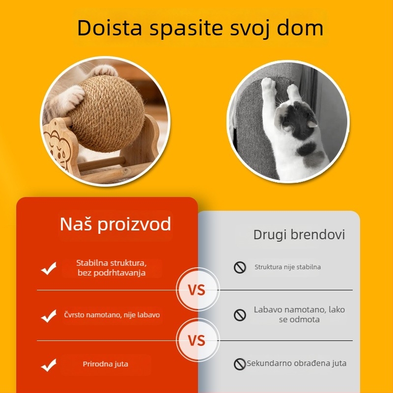 Sisal kuglica za grebanje mačaka uz vertikalni penjački okvir — otporna na habanje, bez vlakana, igračka za samostalnu zabavu i ublažavanje dosade