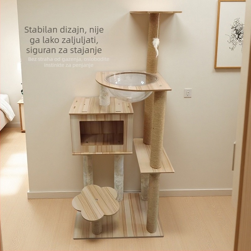 Masivno drveno stablo za mačke s gnijezdom, kapsulom za promatranje i skakačkom platformom