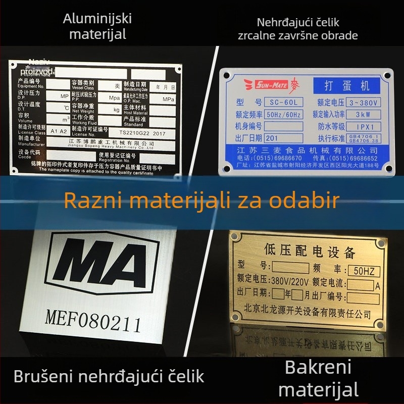 Metalna pločica s logom: sitotisk i otisak, otporna na koroziju nehrđajući čelik; UV ispis na aluminijskoj pločici