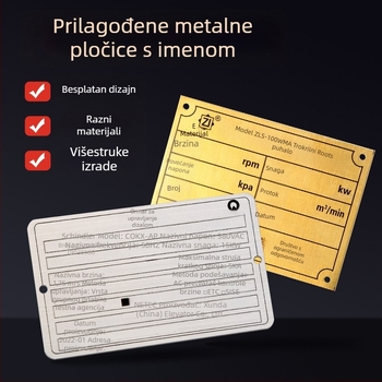 Metalna oznaka za strojeve od nehrđajućeg čelika – sitotisk logotipa, štancanje, otporna na koroziju, pločica od cinka i aluminija