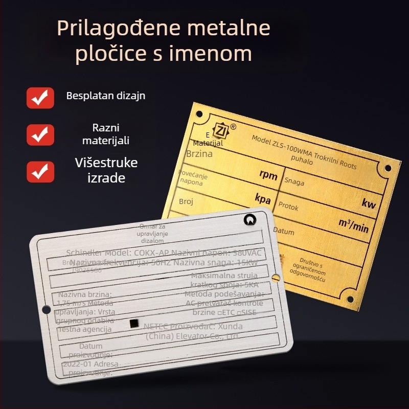Metalna oznaka za strojeve od nehrđajućeg čelika – sitotisk logotipa, štancanje, otporna na koroziju, pločica od cinka i aluminija