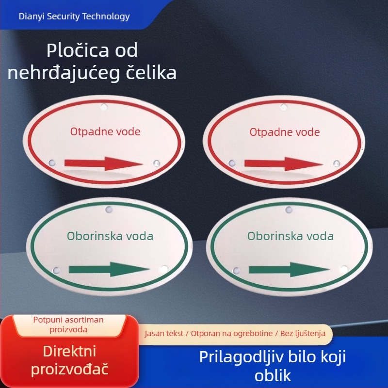 Značice od nehrđajućeg čelika za industrijsku opremu — brušena završnica, identifikacijske pločice i indikacijski znakovi, sitotisak