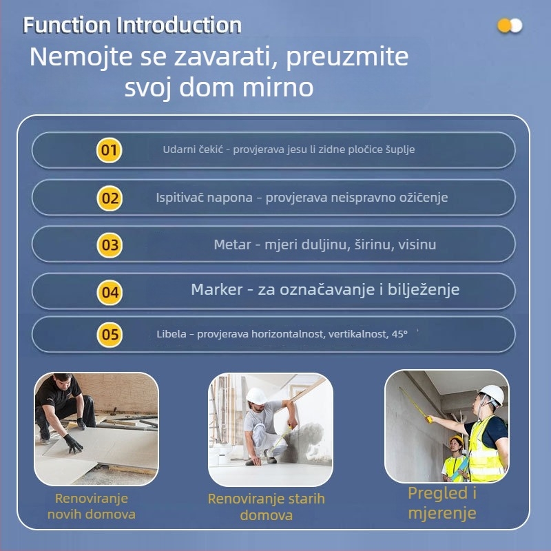 Set alata za inspekciju kuće s elektrikarskim čekićem i kutijom alata, za predaju završene ili roh kuće